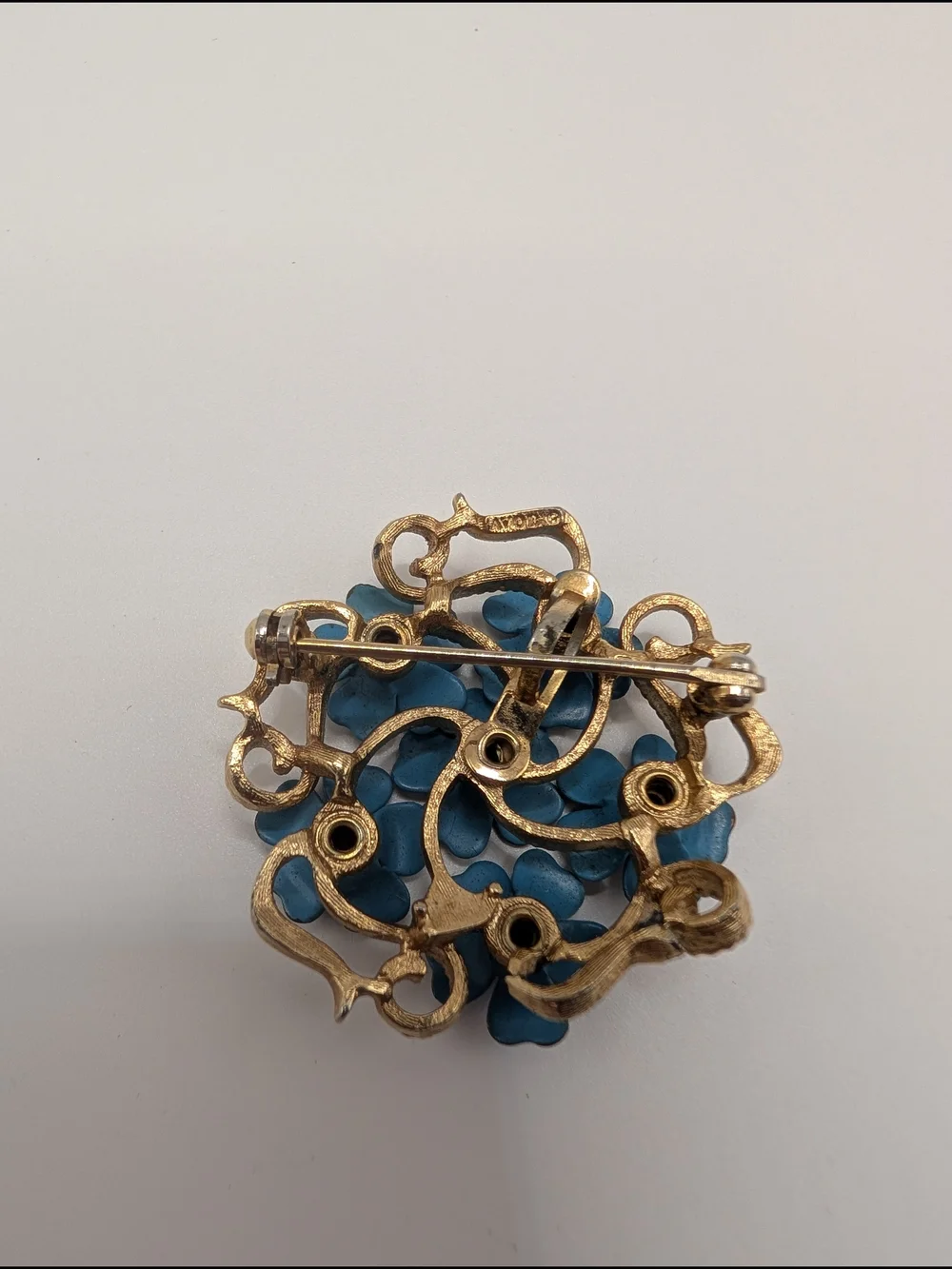 Avon Blue Enamel Floral Brooch with Gold Tone Accents